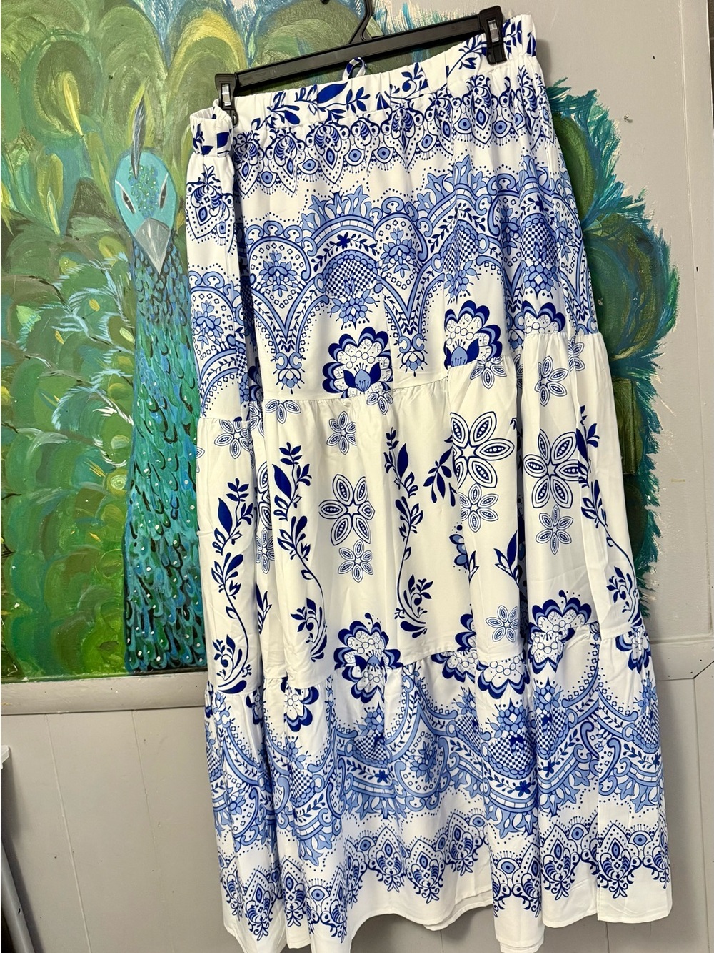 Blue & White Floral Tiered Maxi Skirt - Unbranded